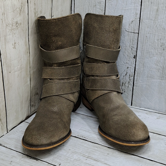 Gianni Bini Shoes - Gianni Bini Women 7.5M Grey Brown Brushed Suede Side Zip Buckle Strap Moto Boots